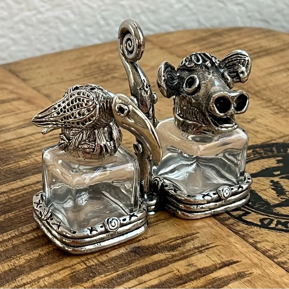 AST Pewter Salt Pepper Shakers Animal Head Glass Cow Bull Crow Bird of Prey